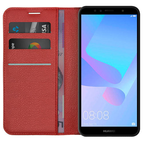 Leather Wallet Case & Card Holder Pouch for Huawei Y6 (2018) - Red